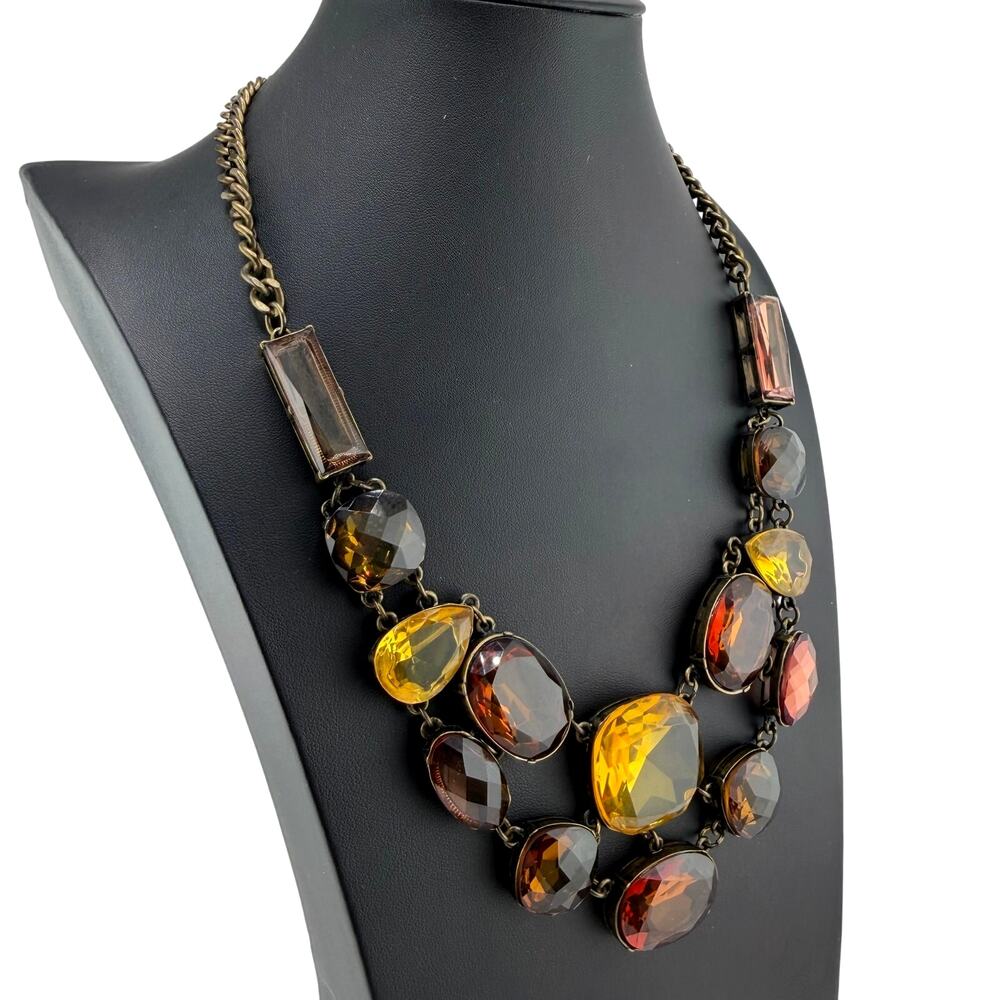 Ann Taylor LOFT Amber Yellow Brown Rhinestones Bronze Tone Statement Necklace